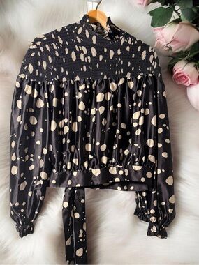 Polka Dot Mock Neck Long Sleeve Top - Black & Cream Satin